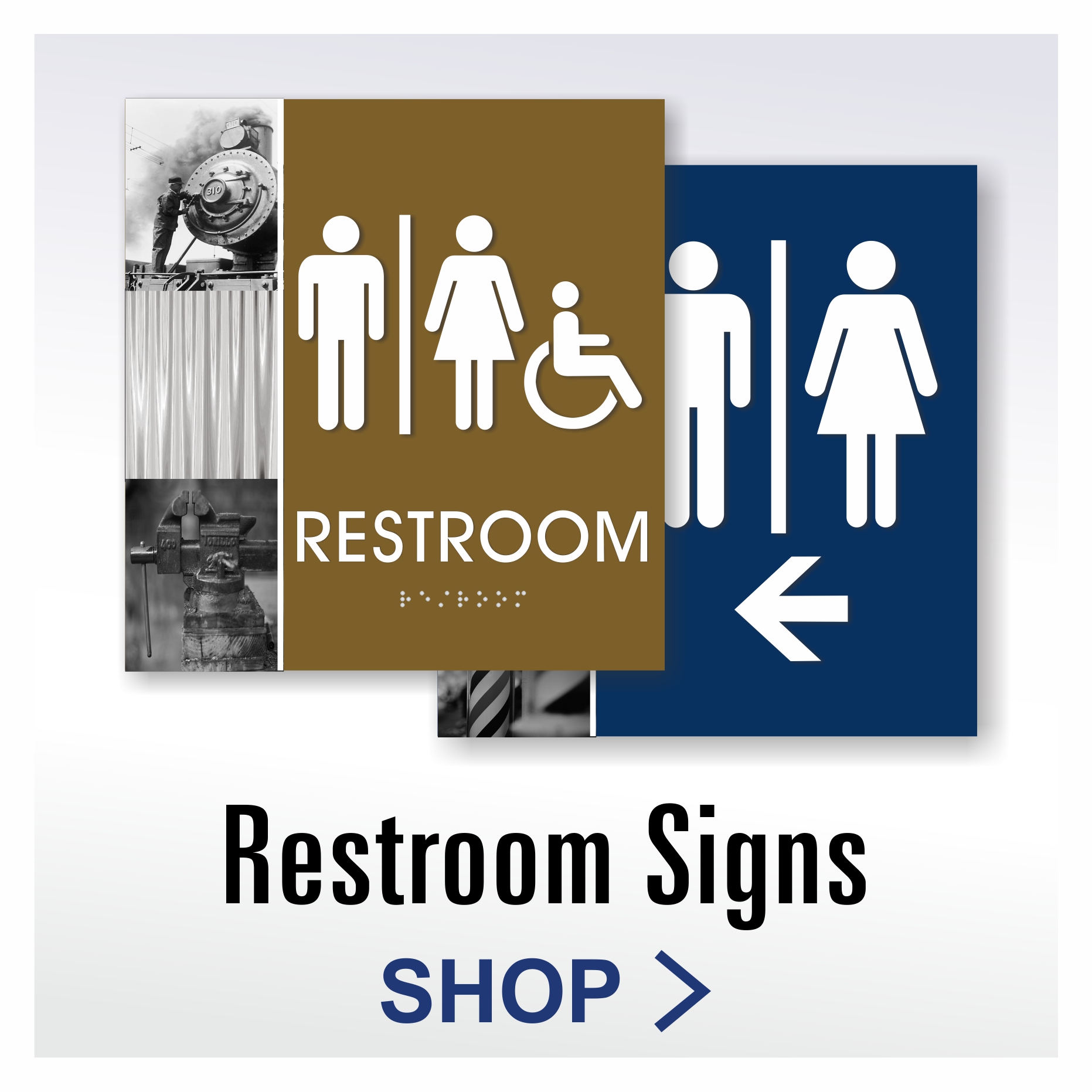 Vintage ADA restroom signs featuring historic photography and Grade 2 braille